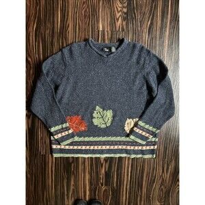 Vintage Ms.Lee Women’s Fall Sweater 2X Knit Blue Leaves with Buttons Grandma